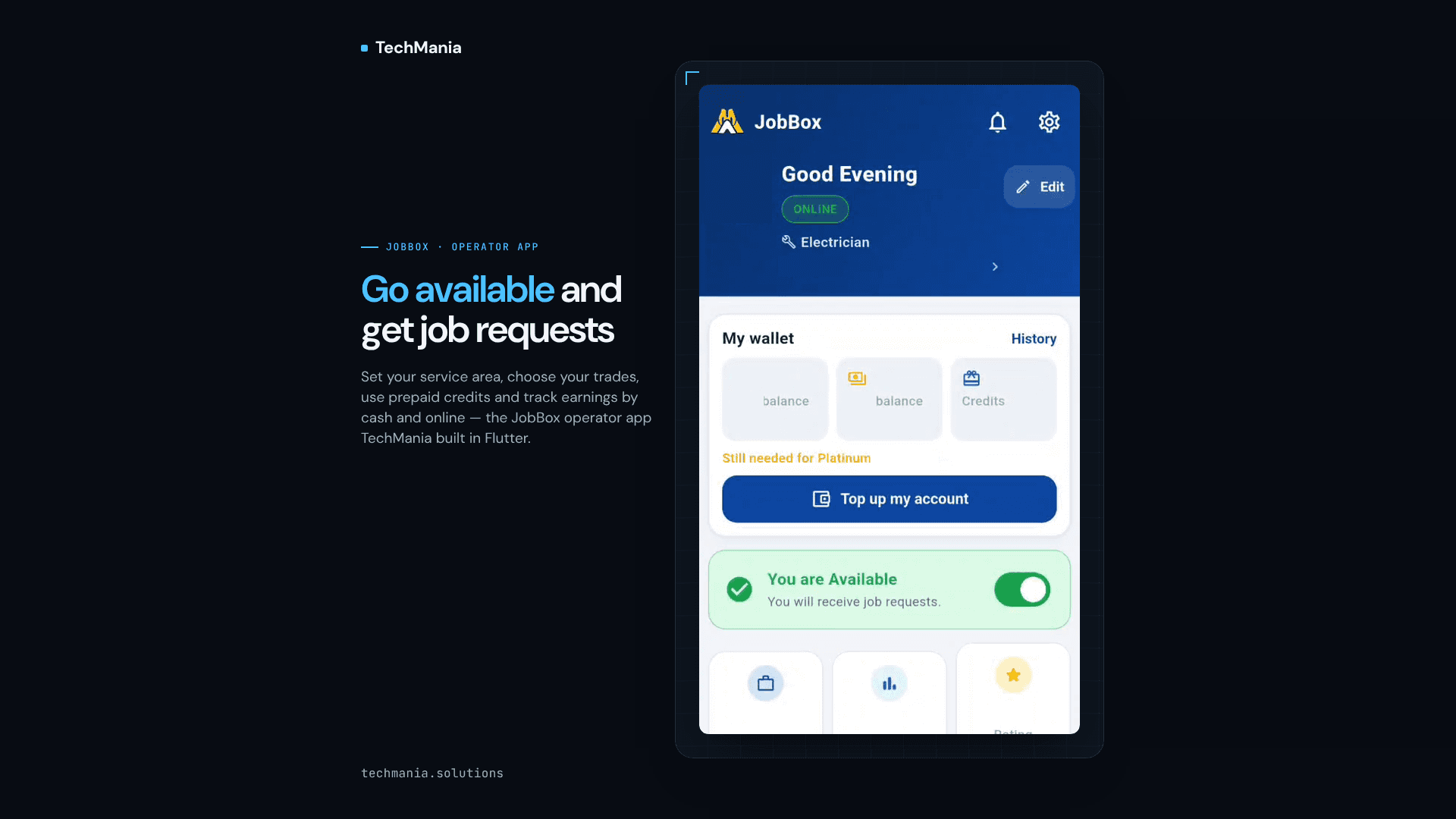 JobBox operator app: home screen with the Available toggle and wallet beside the line Go available and get job requests