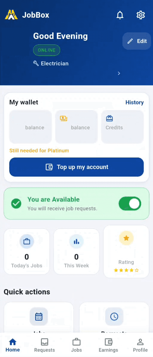 JobBox operator home screen with wallet tiles, a top-up button, the You are Available toggle, job counters and quick actions