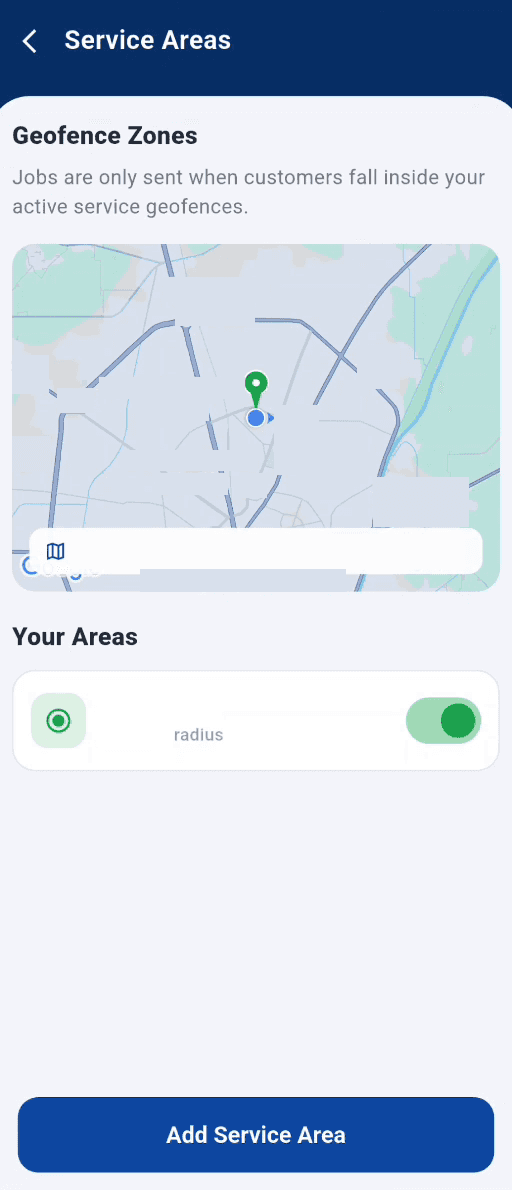 Service Areas screen with a geofence zone map, a note that jobs are only sent inside active zones, and an area on/off toggle
