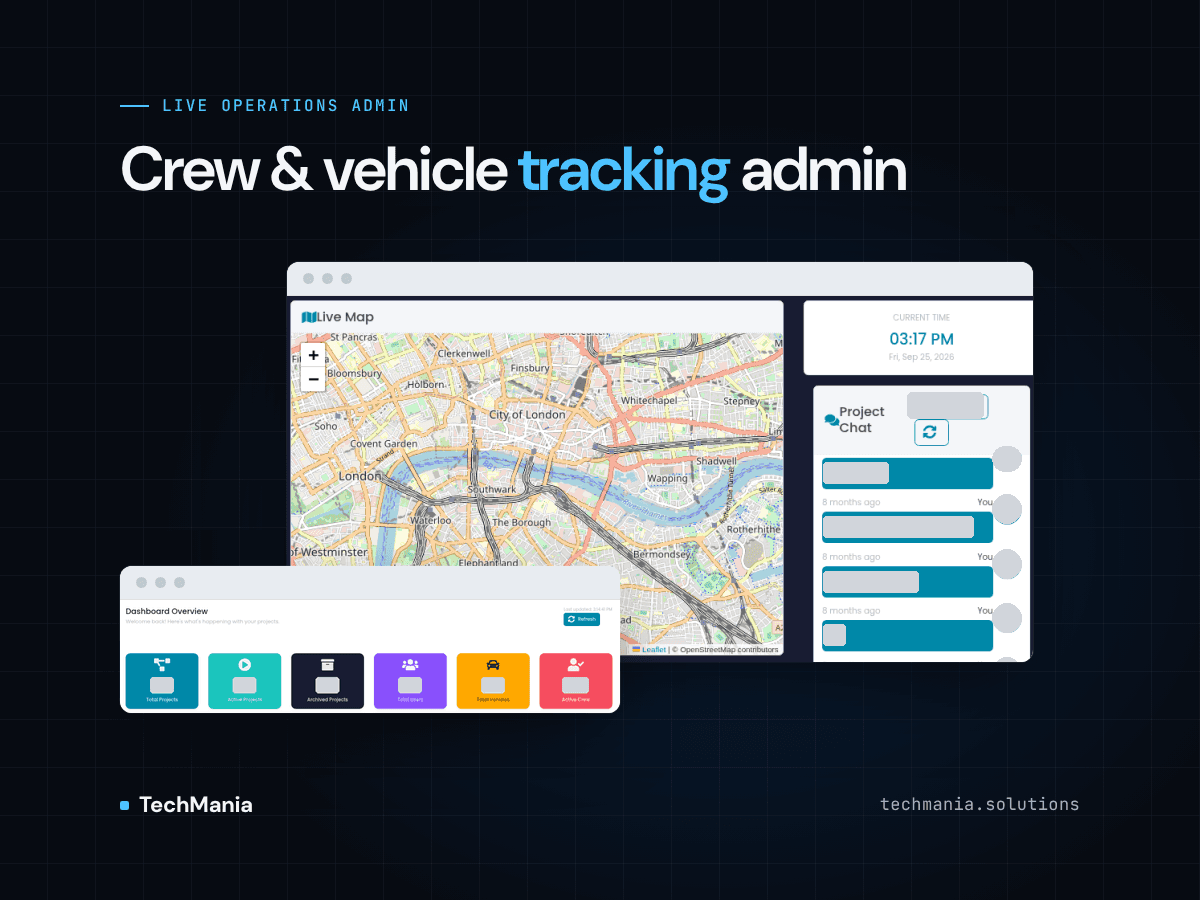 Crew and vehicle tracking admin card with a live street map, project chat and dashboard tiles for projects, users and crew.