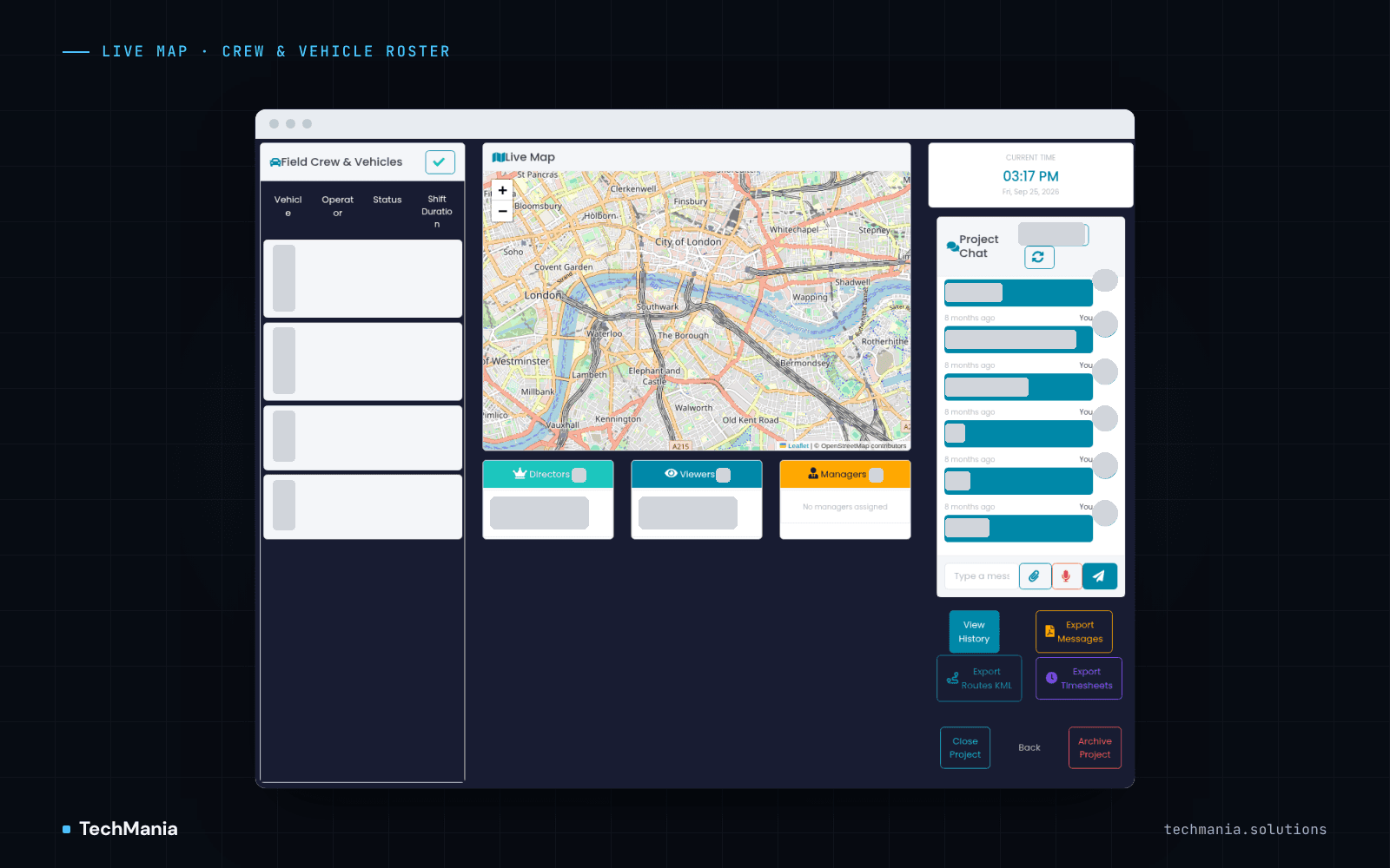 Live tracking screen with a crew and vehicle roster, live street map, director, viewer and manager cards, and project chat.