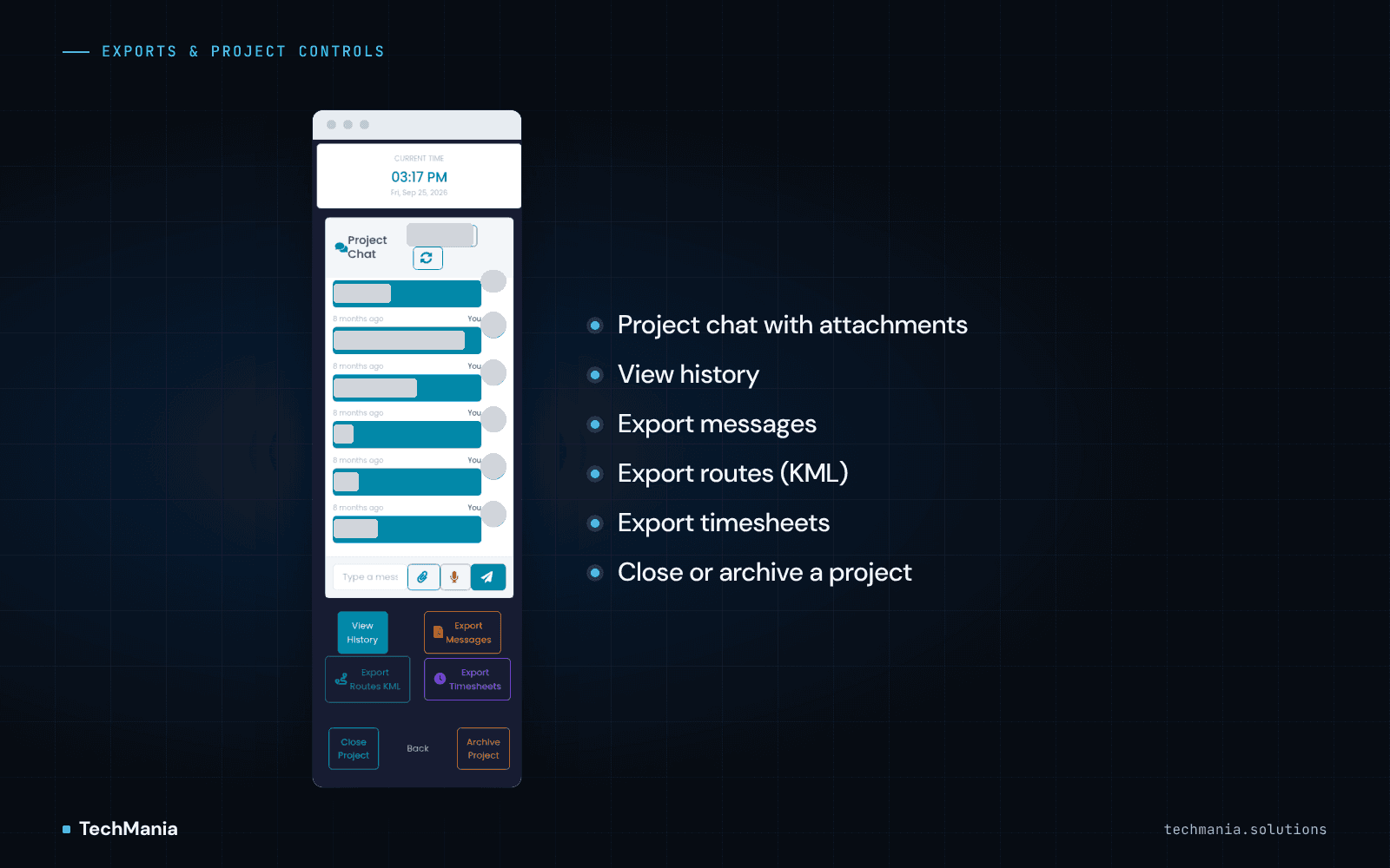 Project chat panel with view history, export messages, KML route and timesheet exports, and close or archive project actions.