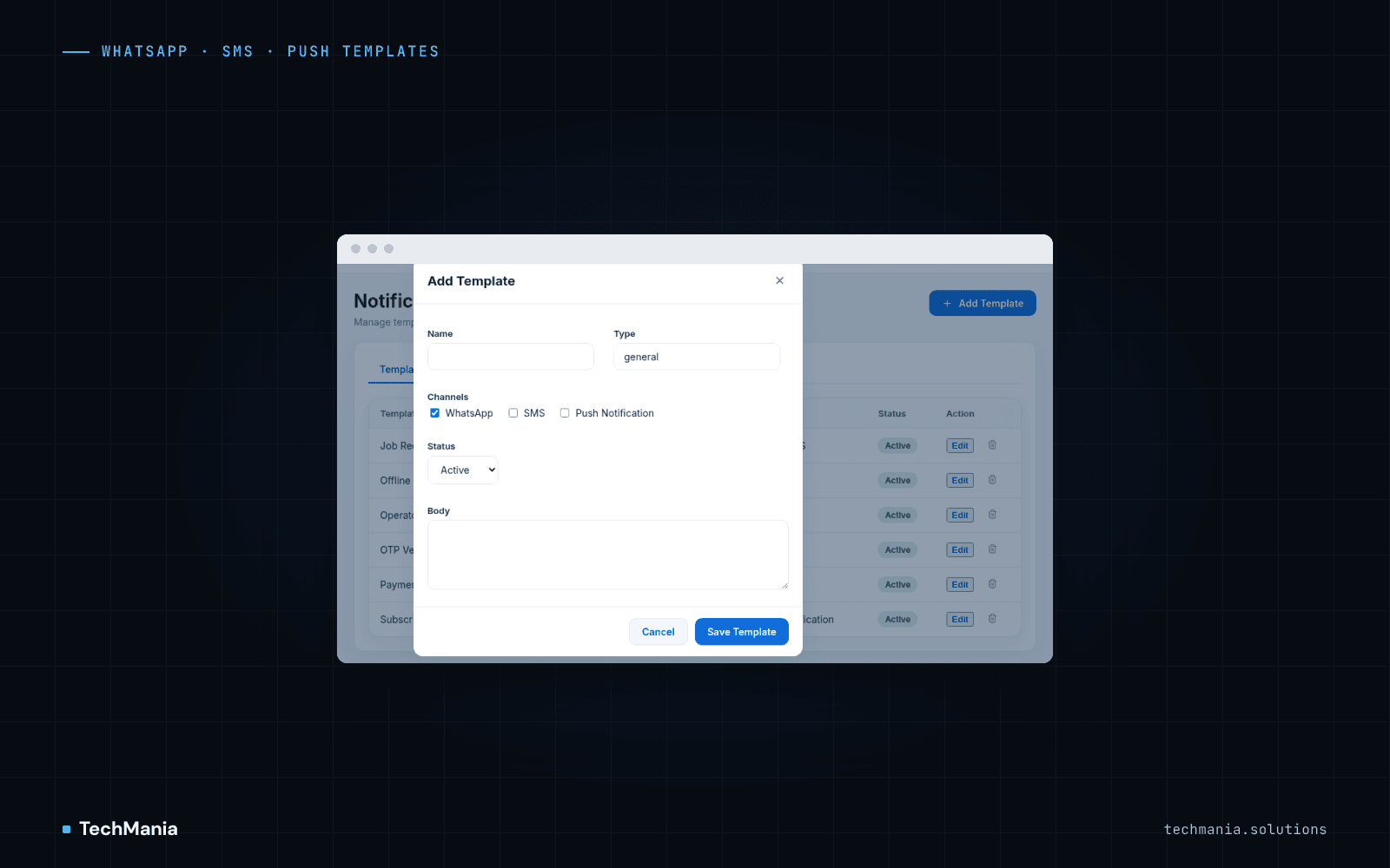 Add notification template dialog with name, type, WhatsApp, SMS and push channel options, status and message body fields.