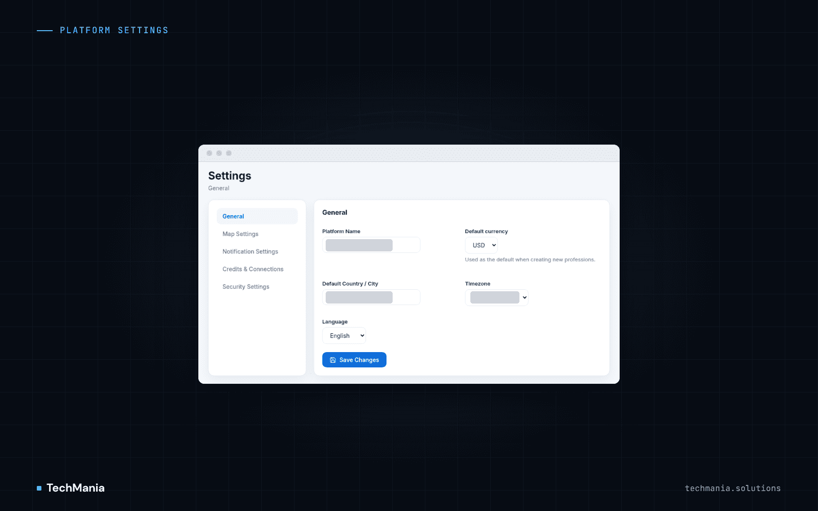 General platform settings with currency, country, timezone and language fields beside map, notification and security tabs.