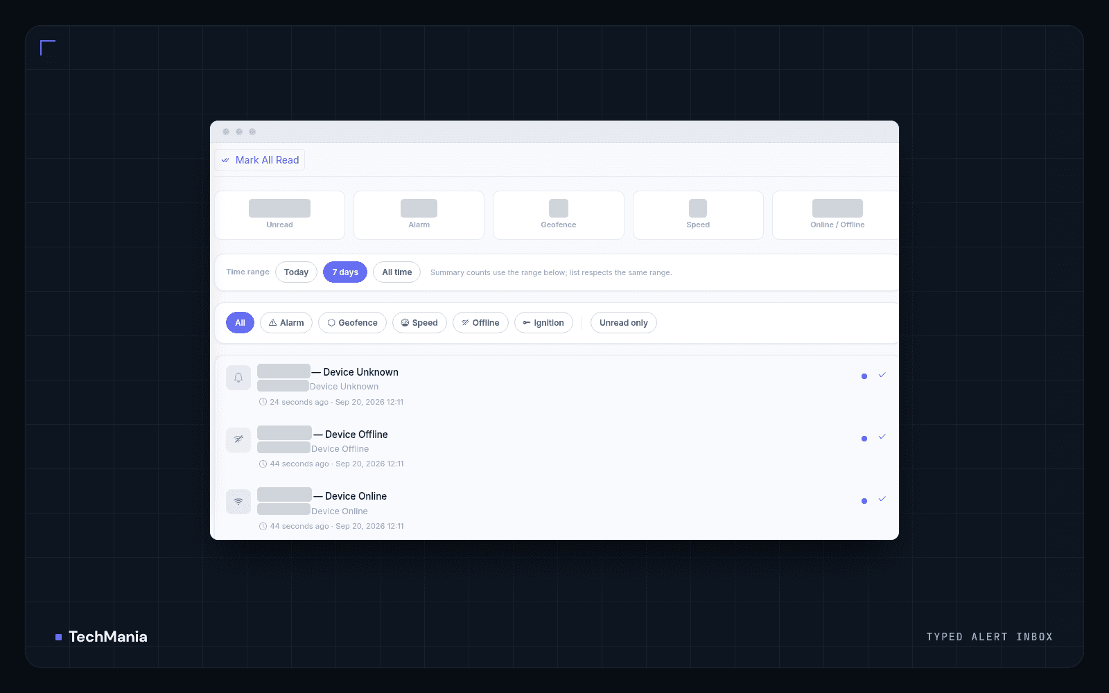 Alert inbox with time-range and type filters for alarm, geofence, speed, offline and ignition events, with counters and vehicle identifiers hidden.