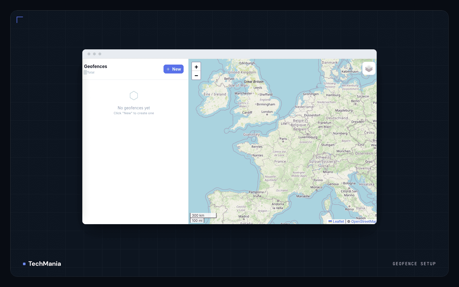 Geofence setup screen with an empty zone list, a New button and a map of Western Europe.