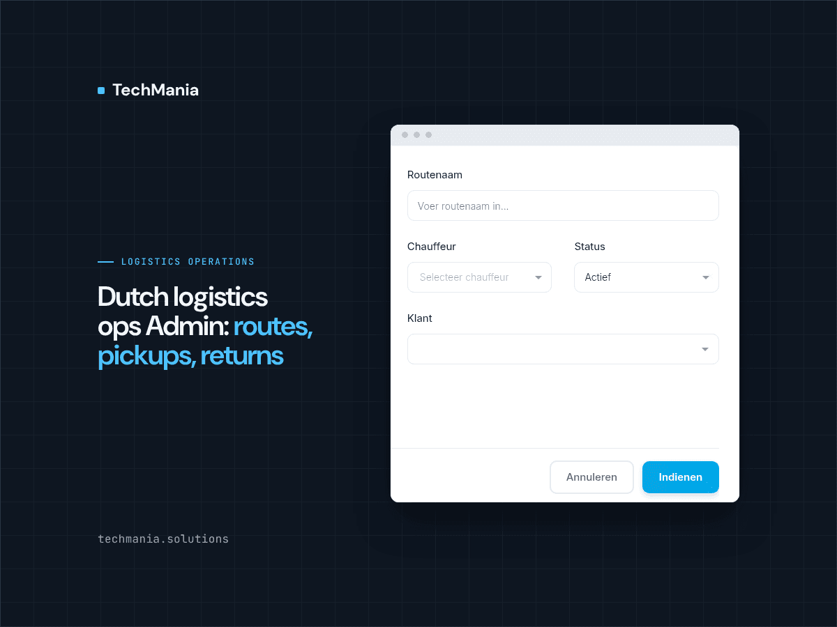 Courier route creation form from a Dutch logistics operations Admin with route name, driver, status and customer fields.