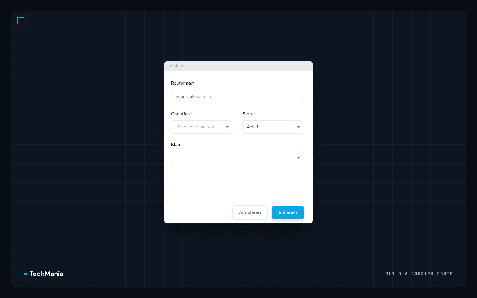 Blank form for creating a courier route with route name, driver, status and customer fields.