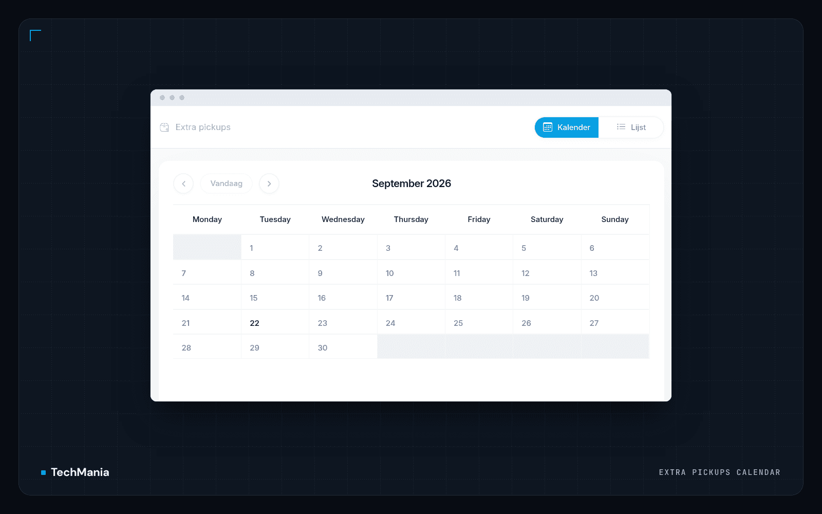 Month calendar for scheduling extra pickups with calendar and list view toggles.