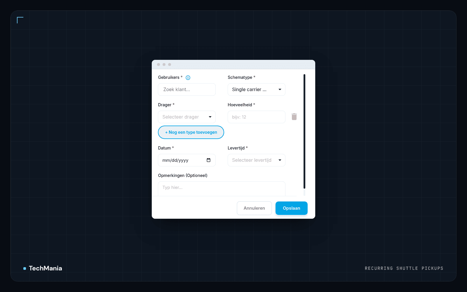 Form for planning recurring carrier pickups with customer, schedule type, carrier, quantity, date, delivery time and notes fields.