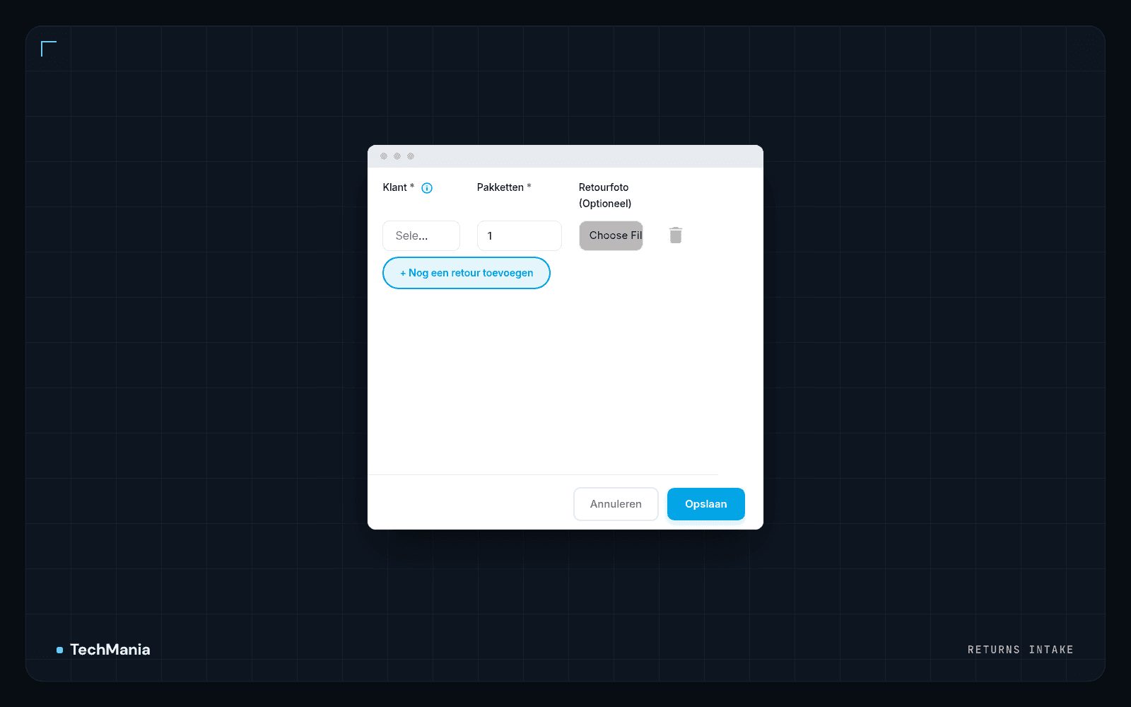 Returns intake form with customer, parcel and optional return photo fields and an option to add more returns.