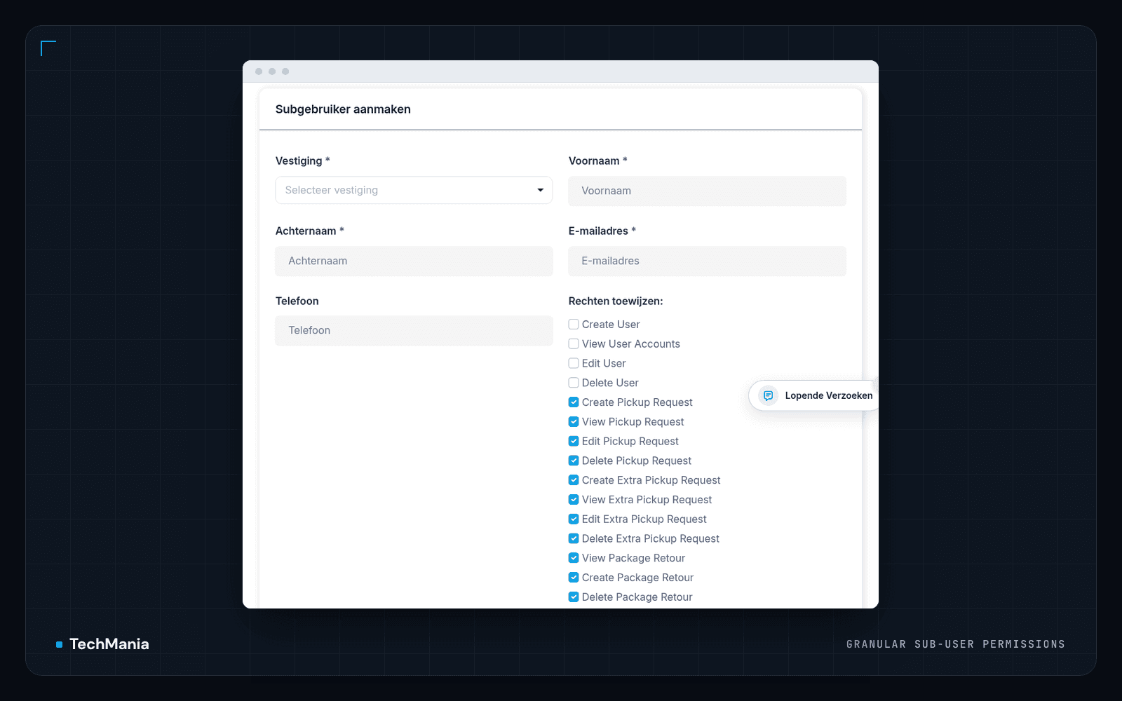Sub-user creation form with branch, name, email and phone fields and a checklist of granular permissions.