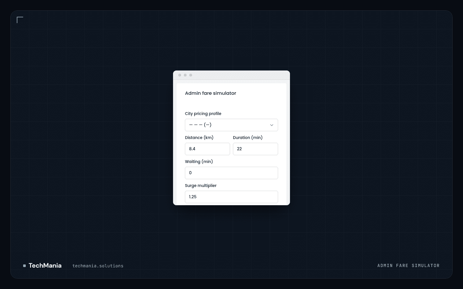 Admin fare simulator form with city pricing profile, distance, duration, waiting time and surge multiplier inputs.