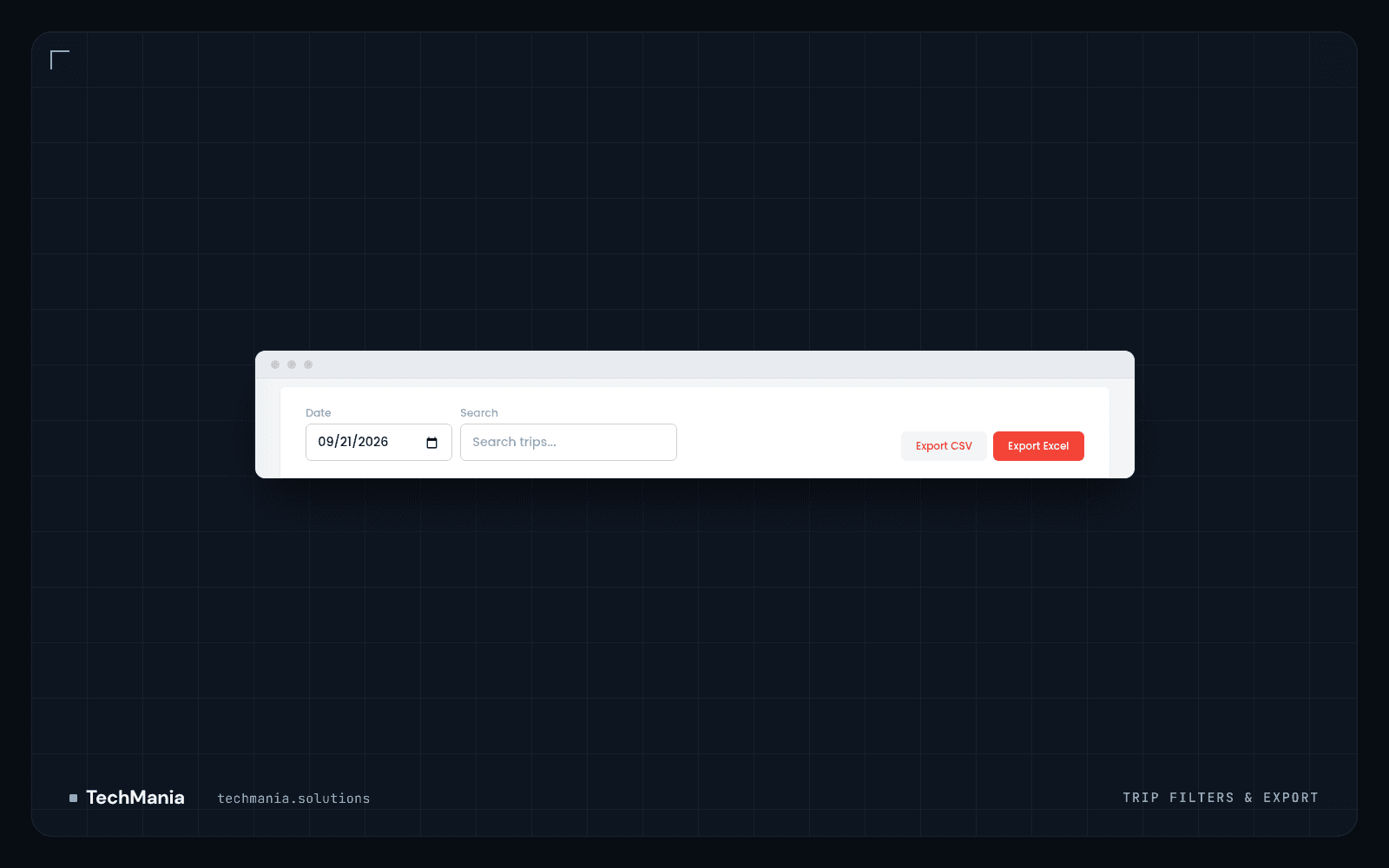 Trip search bar with a date filter, free-text search and buttons to export trips to CSV and Excel.