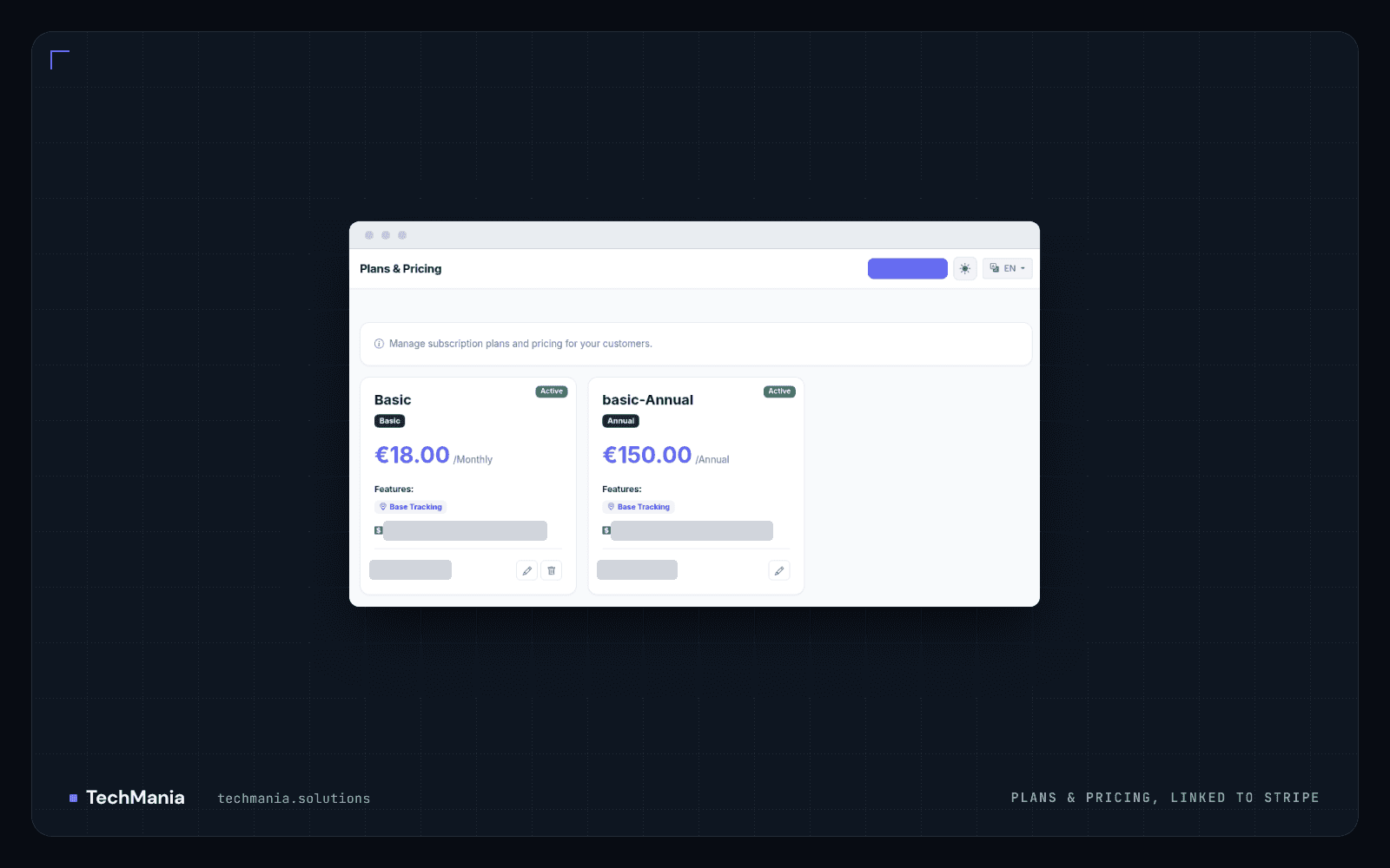 Plans and pricing screen with a monthly Basic plan card and an annual plan card, each marked active with a base tracking feature, and Stripe price IDs and subscriber counts hidden.