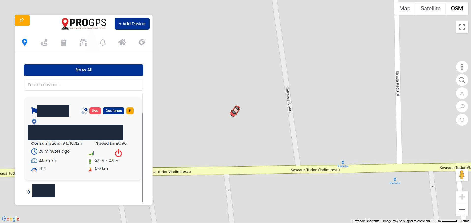 Circular geofence drawn on the ProGPS live map with the tracked vehicle inside and its device card alongside