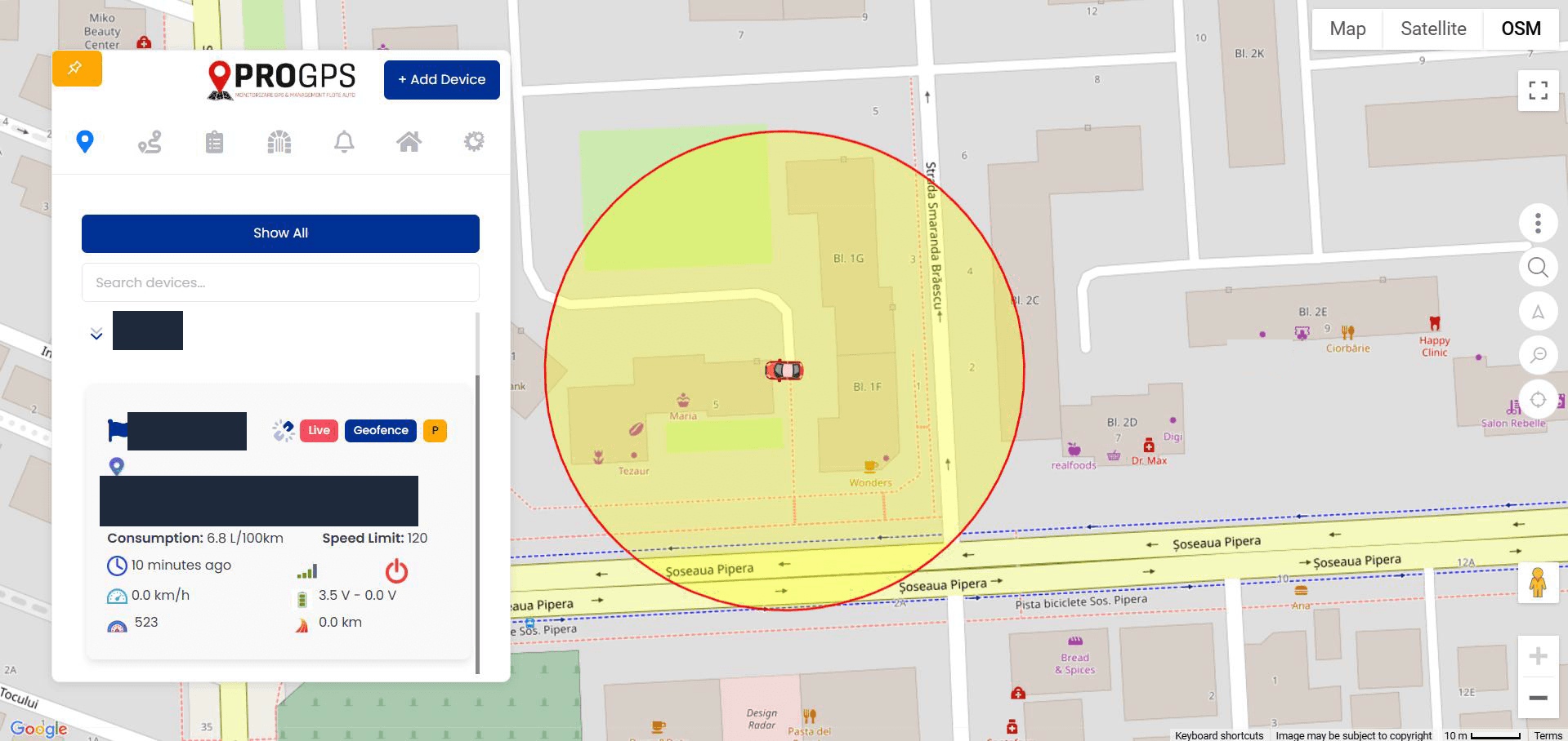 ProGPS live map with a device card showing live status, fuel consumption, speed limit, voltage and ignition state