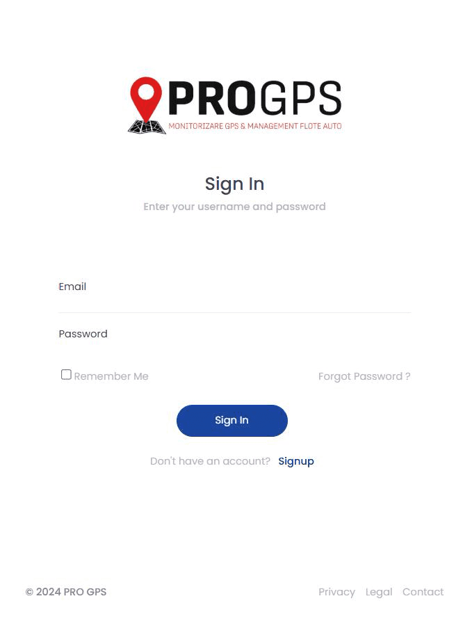 ProGPS web sign-in page with logo, email and password fields, remember me, password reset and sign-up link