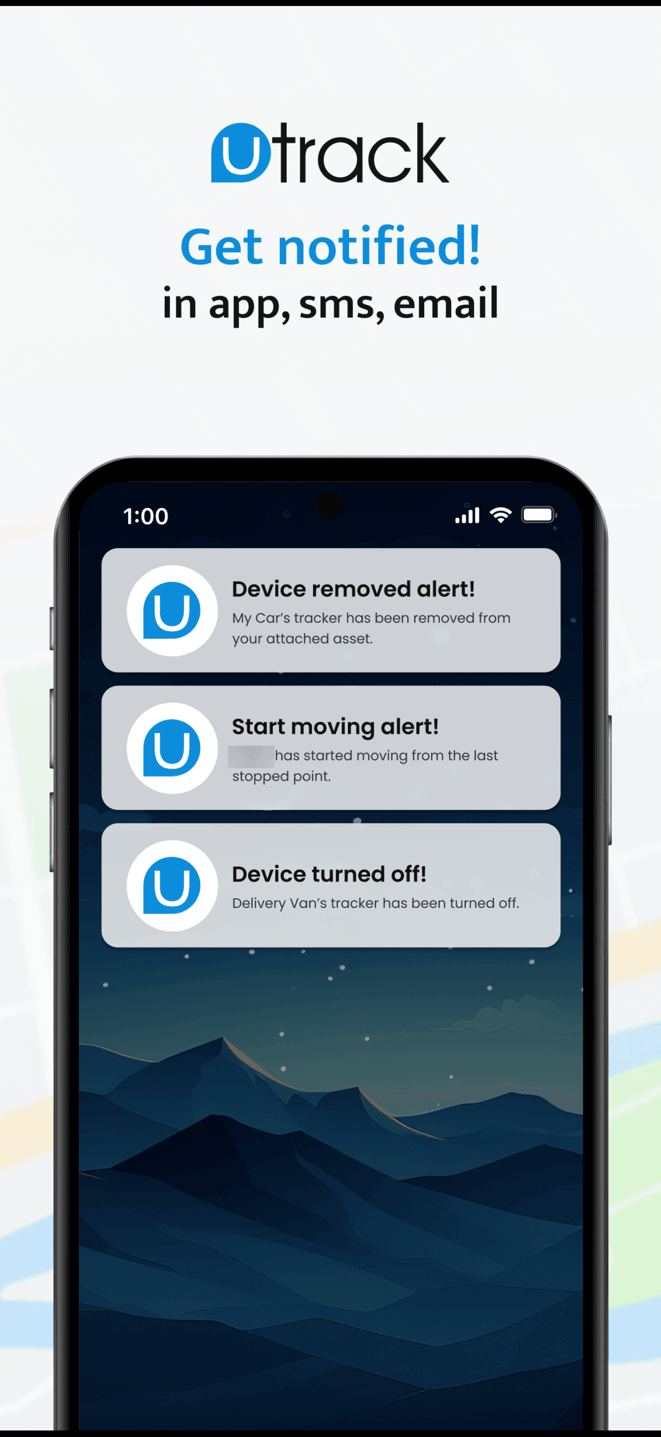 UTrack alerts on a phone lock screen: device removed, start moving and device turned off
