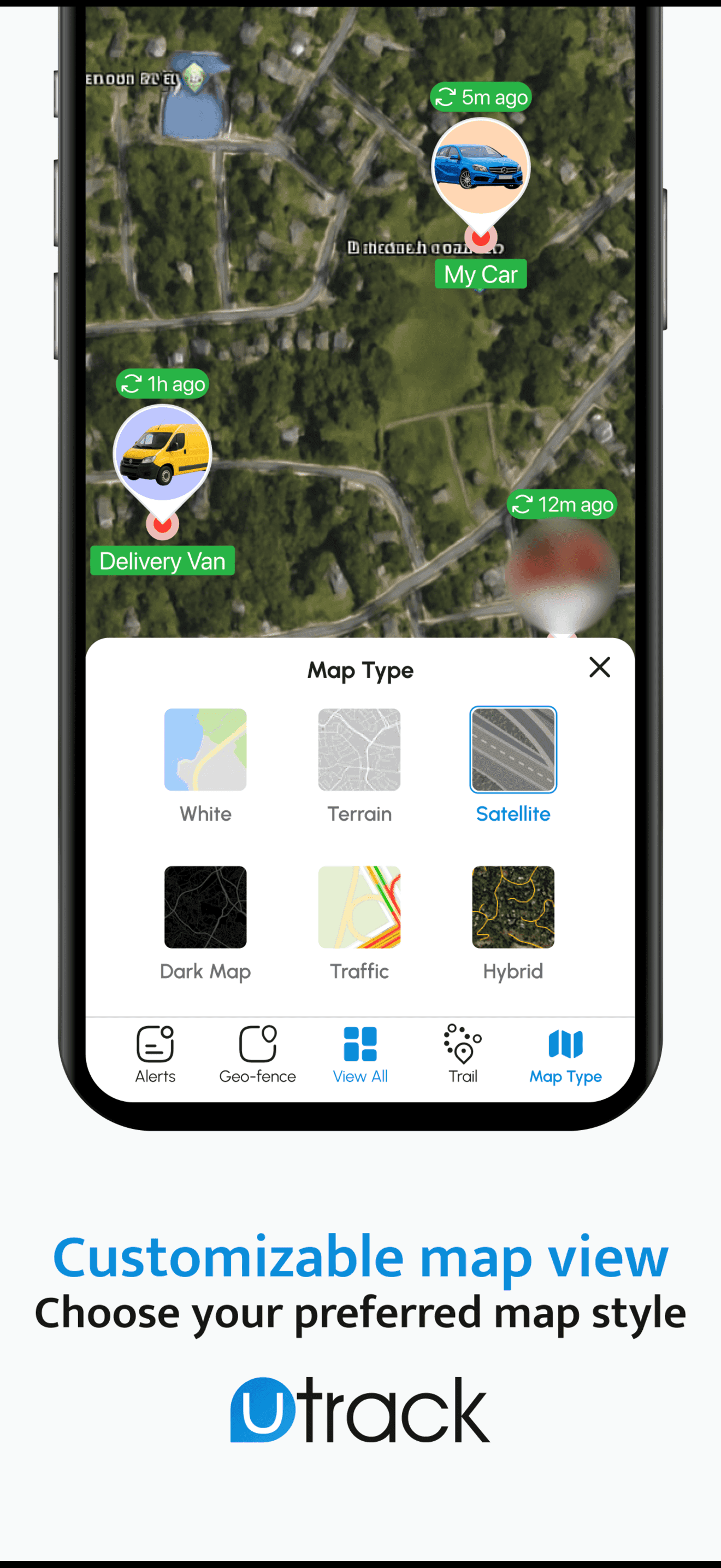 UTrack map type picker with white, terrain, satellite, dark, traffic and hybrid styles
