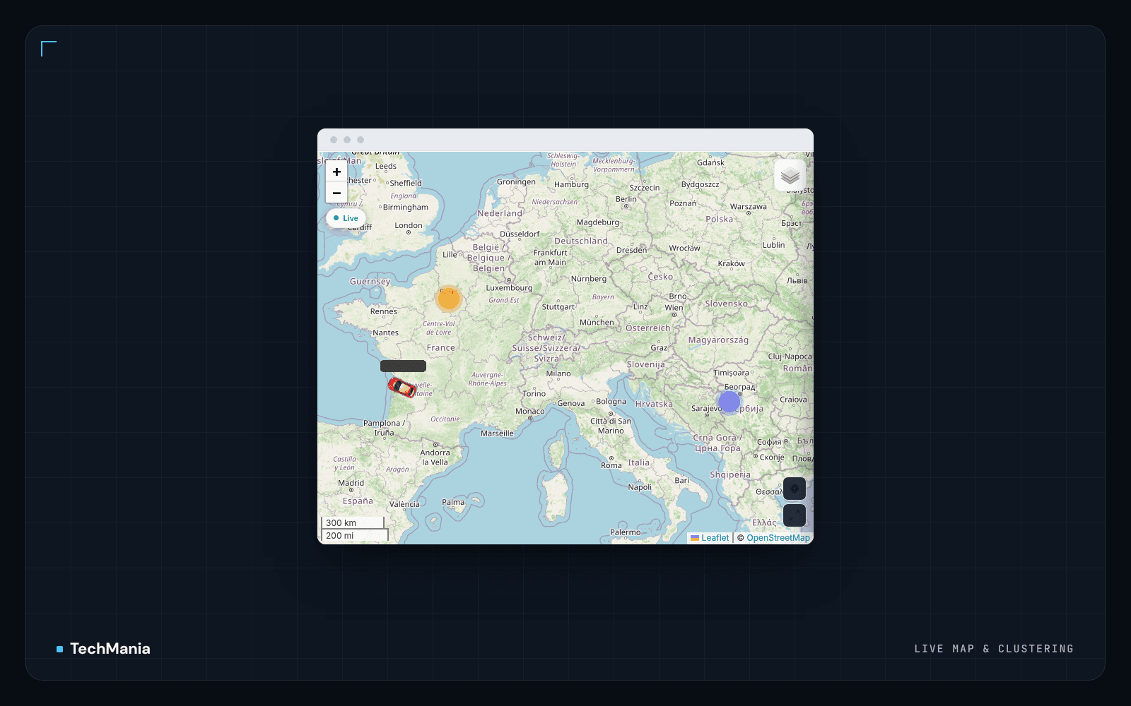 Live fleet map with clustered vehicle markers (counts hidden), a live toggle and OpenStreetMap tiles.