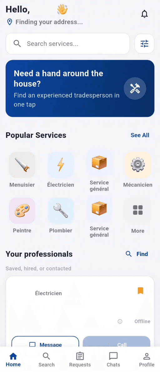 JobBox customer app home screen with service search, a help banner, popular service categories and a saved professionals card