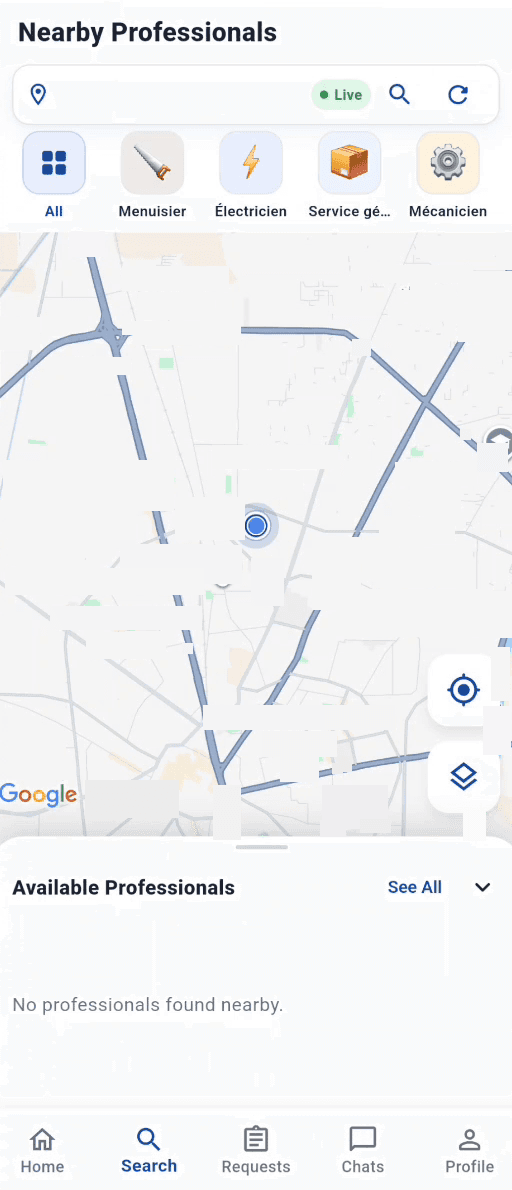 Nearby Professionals map with a Live indicator, category filter chips and the customer's position, place labels hidden