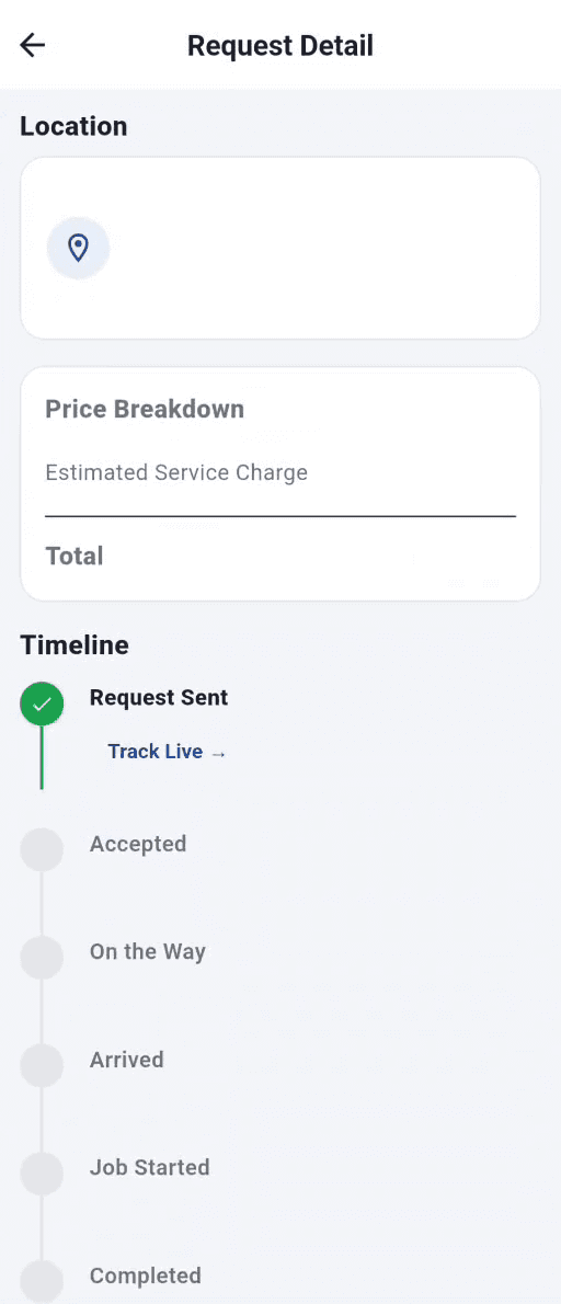 Request detail with a status timeline: Request Sent, Accepted, On the Way, Arrived, Job Started, Completed, and Track Live