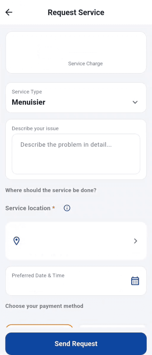 Request Service form with service type, issue description, location, preferred date and time and payment method fields