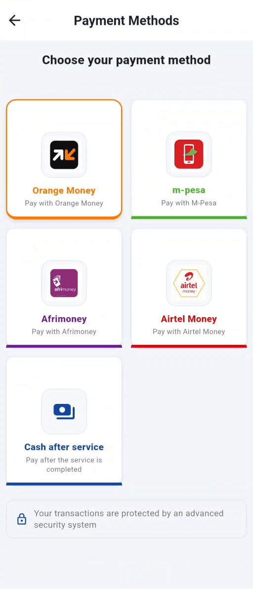 Payment method picker with Orange Money, M-Pesa, Afrimoney and Airtel Money mobile money options and cash after service