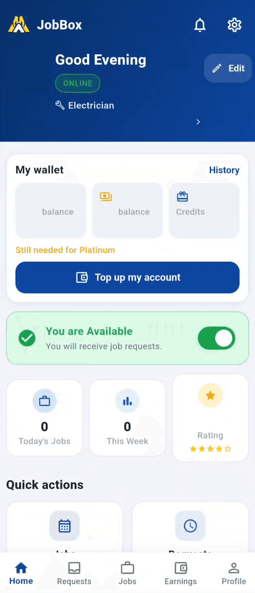 JobBox operator home screen with wallet tiles, a top-up button, the You are Available toggle, job counters and quick actions
