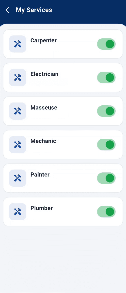 My Services screen with on/off toggles for Carpenter, Electrician, Masseuse, Mechanic, Painter and Plumber