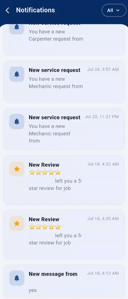 Notifications feed with new service requests, new reviews with star ratings and a new message from a customer
