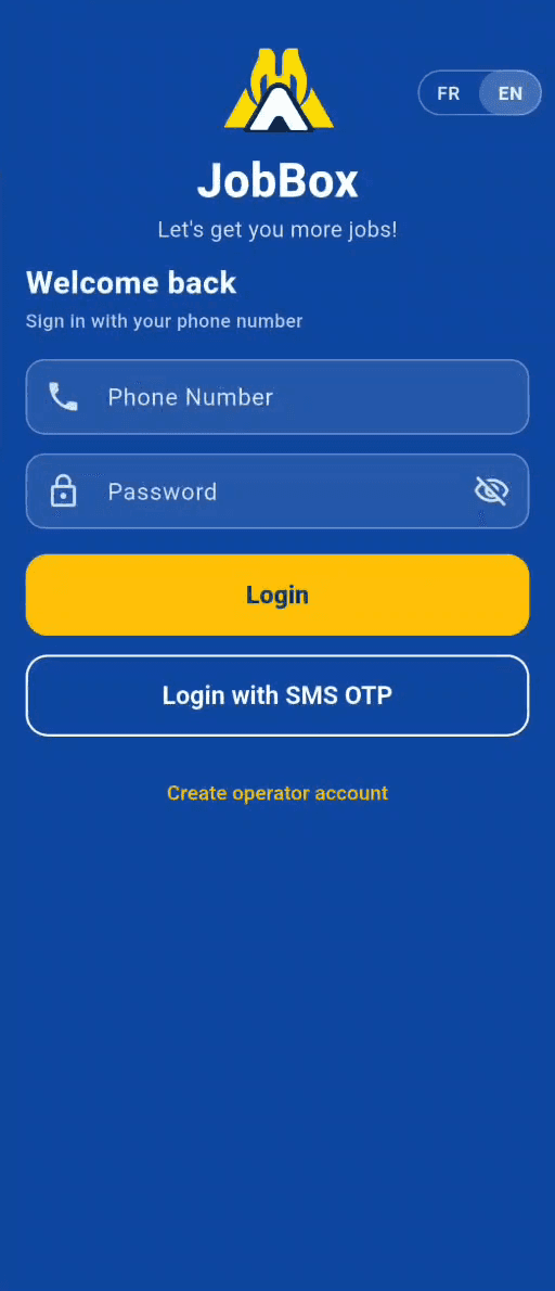 Operator sign-in with an FR/EN switch, phone number and password, Login with SMS OTP and Create operator account