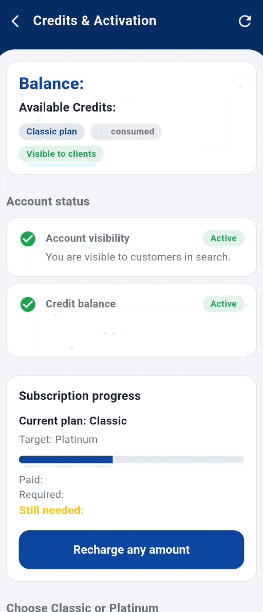 Credits and Activation screen with account visibility, credit balance status and progress from the Classic to Platinum plan