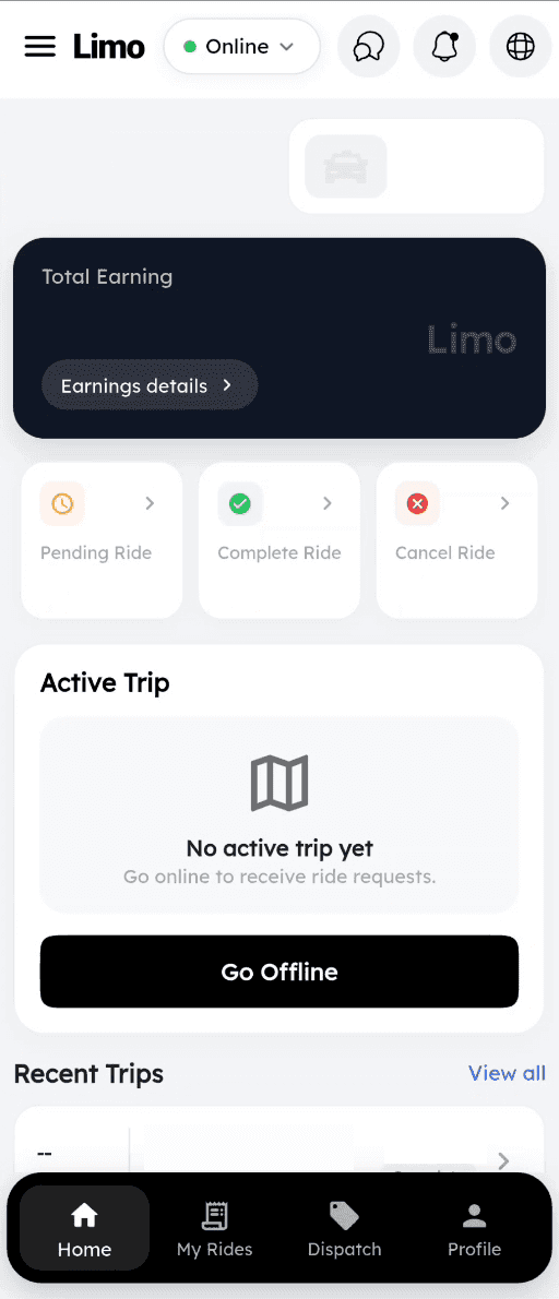 Limo driver home screen while online: Total Earning card, pending, completed and cancelled ride counters, an empty Active Trip card, a Go Offline button and Recent Trips