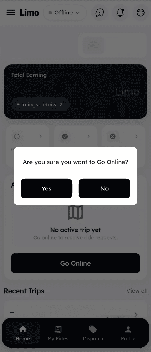 Go Online confirmation dialog asking the driver to confirm with Yes or No, over the dimmed Limo driver home screen