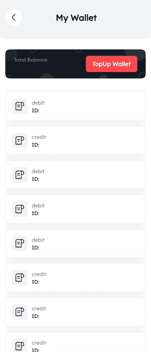My Wallet screen with a Total Balance card, a TopUp Wallet button and a list of debit and credit transactions
