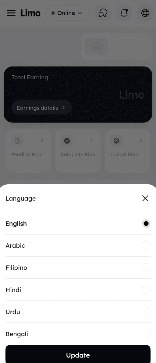 Language picker listing English, Arabic, Filipino, Hindi, Urdu and Bengali with an Update button, over the driver home screen