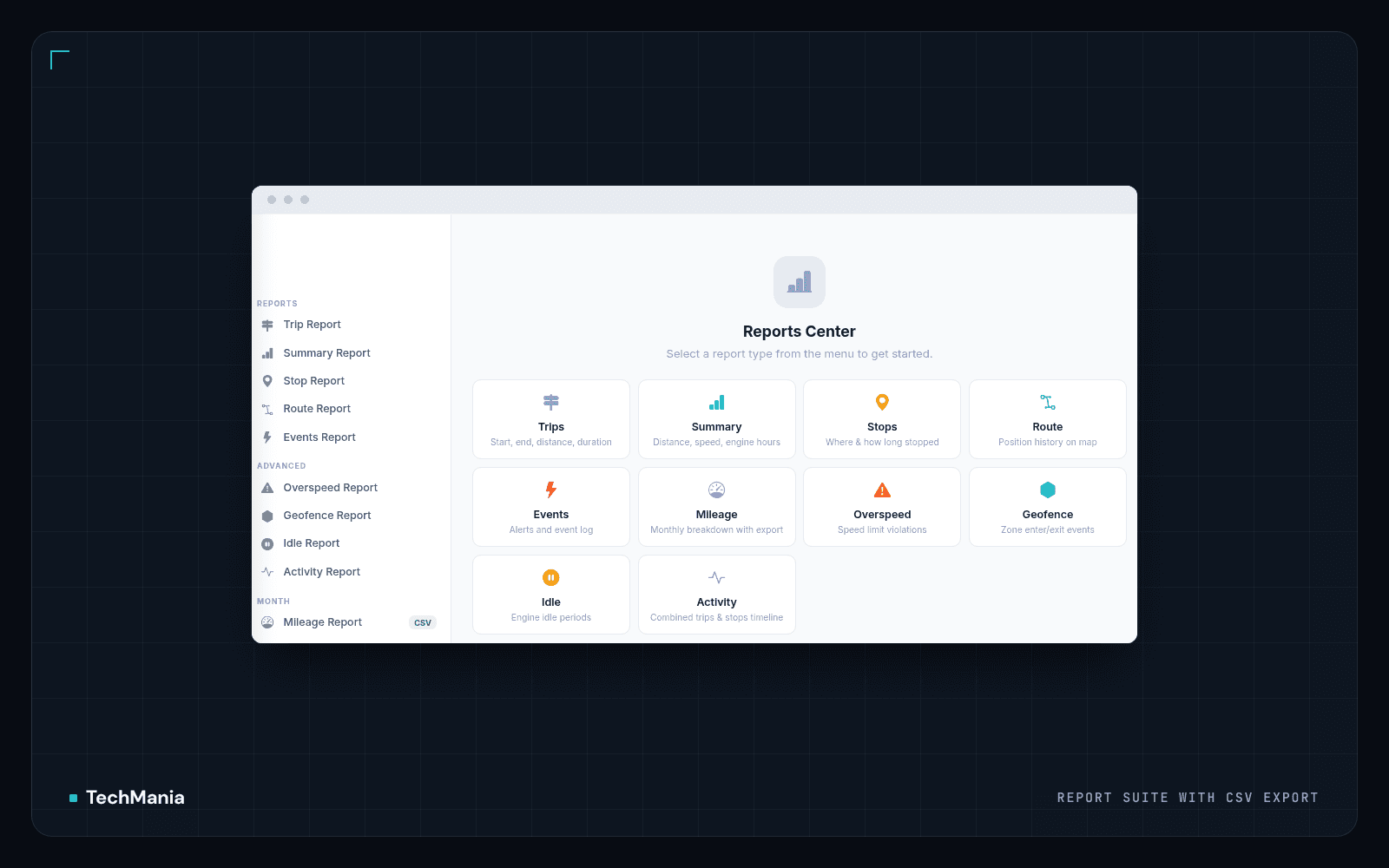 Reports center listing trip, summary, stop, route, event, mileage, overspeed, geofence, idle and activity reports, with CSV export for mileage.