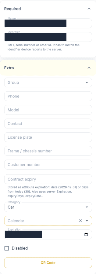 Custom device fields: licence plate, chassis, customer number, contract expiry