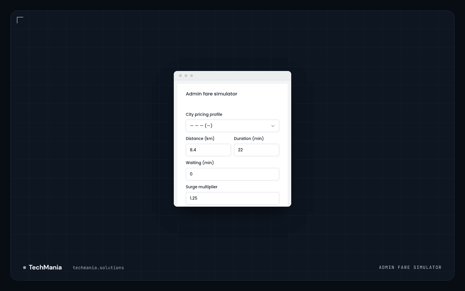 Limo admin fare simulator form with pricing profile, distance, duration, waiting time and surge multiplier fields