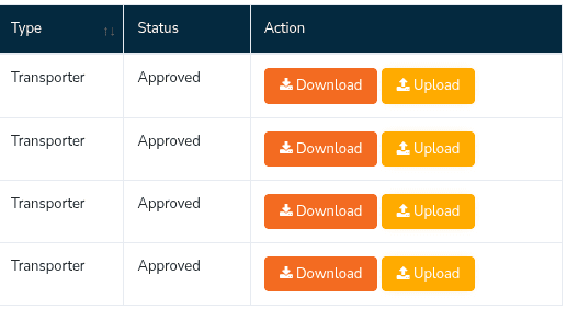Zigu admin tracking consent table showing transporter consents marked approved with download and upload document buttons