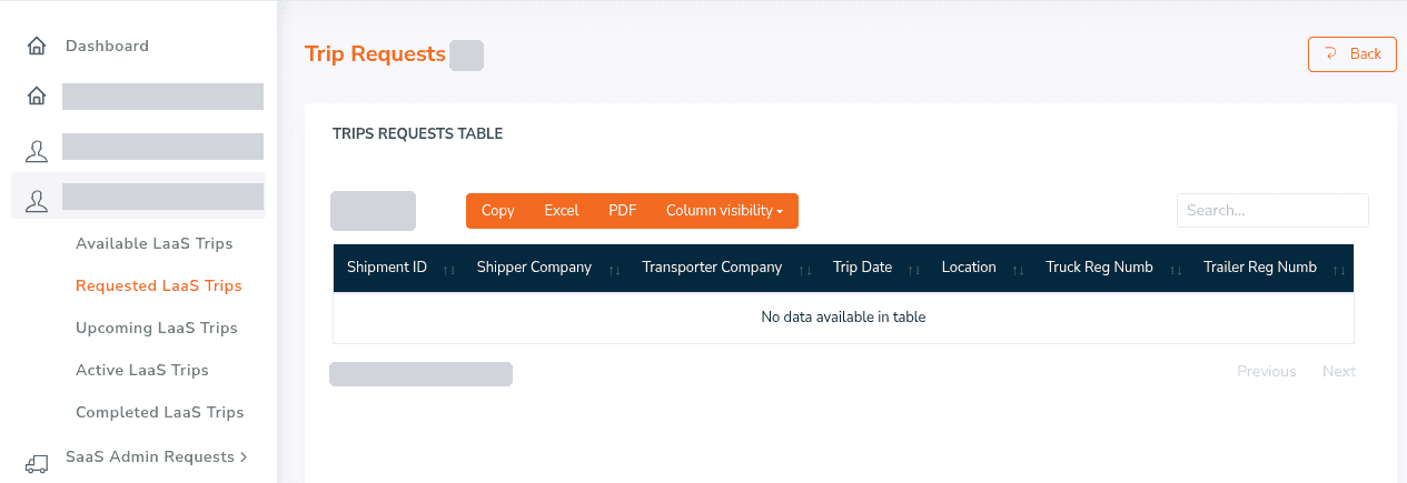 Zigu admin trip requests table with export buttons and a menu of available, requested, upcoming, active and completed trip boards