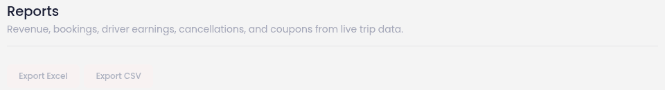 Limo admin reports page covering revenue, bookings, driver earnings, cancellations and coupons with Excel and CSV export buttons