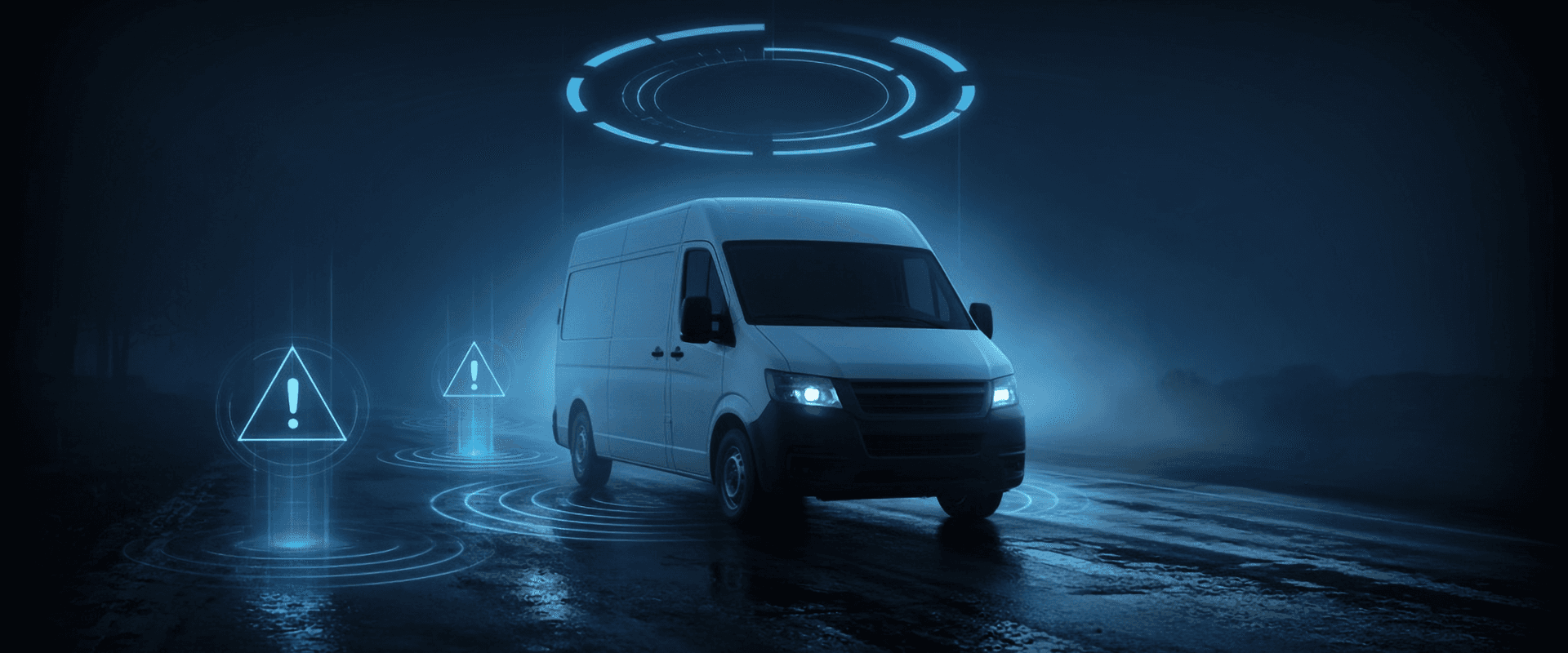 GeoLox: a white van on a wet night road beside holographic warning markers, with a glowing score gauge ring floating above