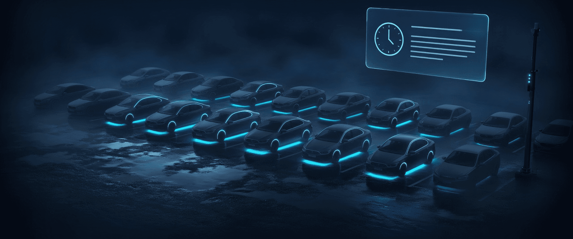 GBL: a night rental lot of sedans, active ones lit with cyan underglow and the rest dim, under a document hologram with a clock