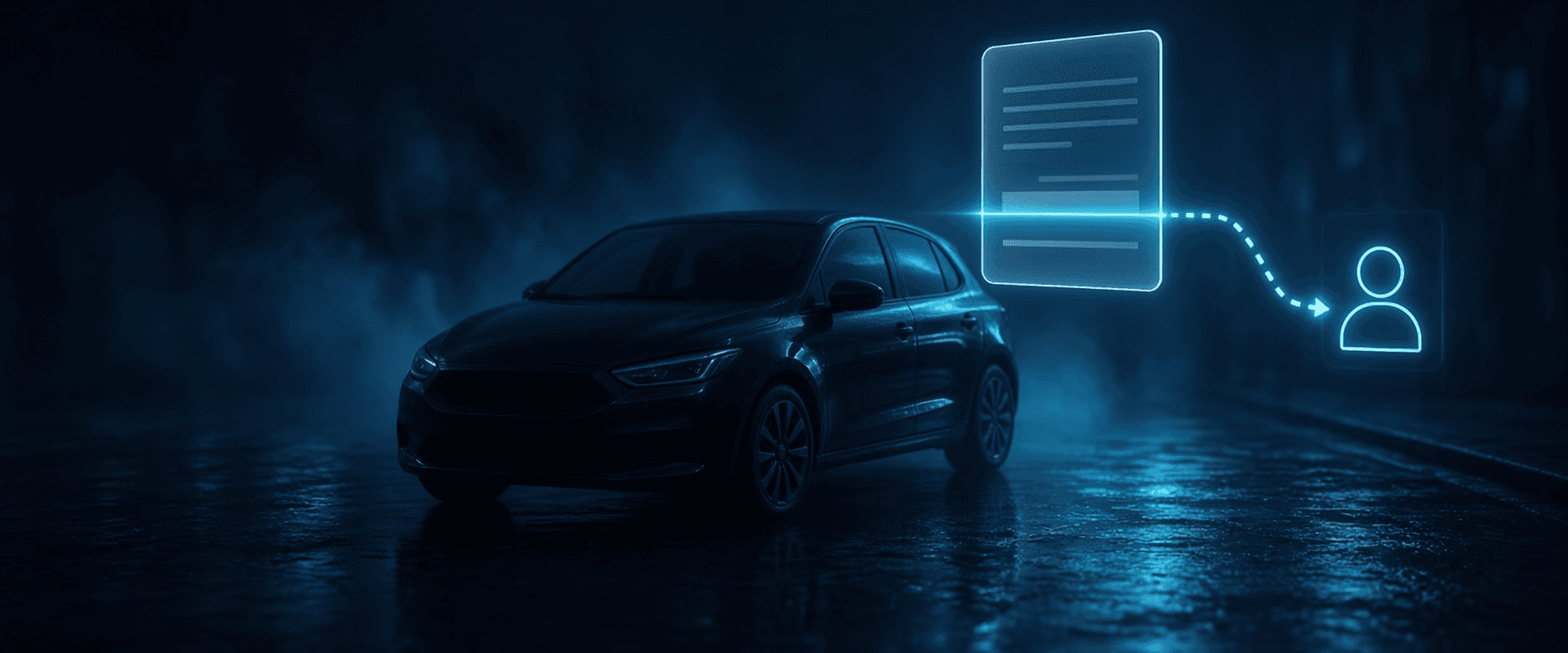 FleetFlow: a dark hatchback at night beside a floating fine notice crossed by a scan line, with a dotted path to a driver glyph