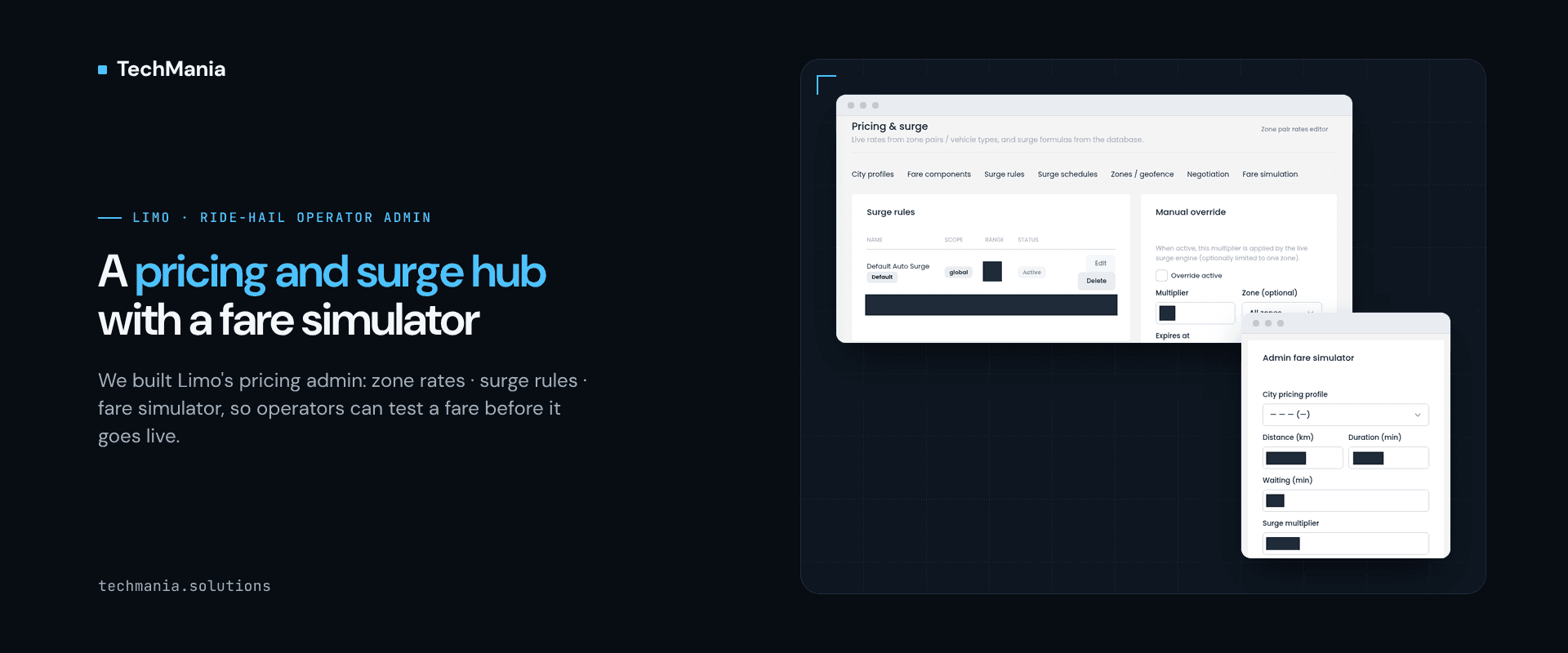 Limo admin surge rules tab with a default demand-tier surge rule beside a manual override panel with zone and expiry