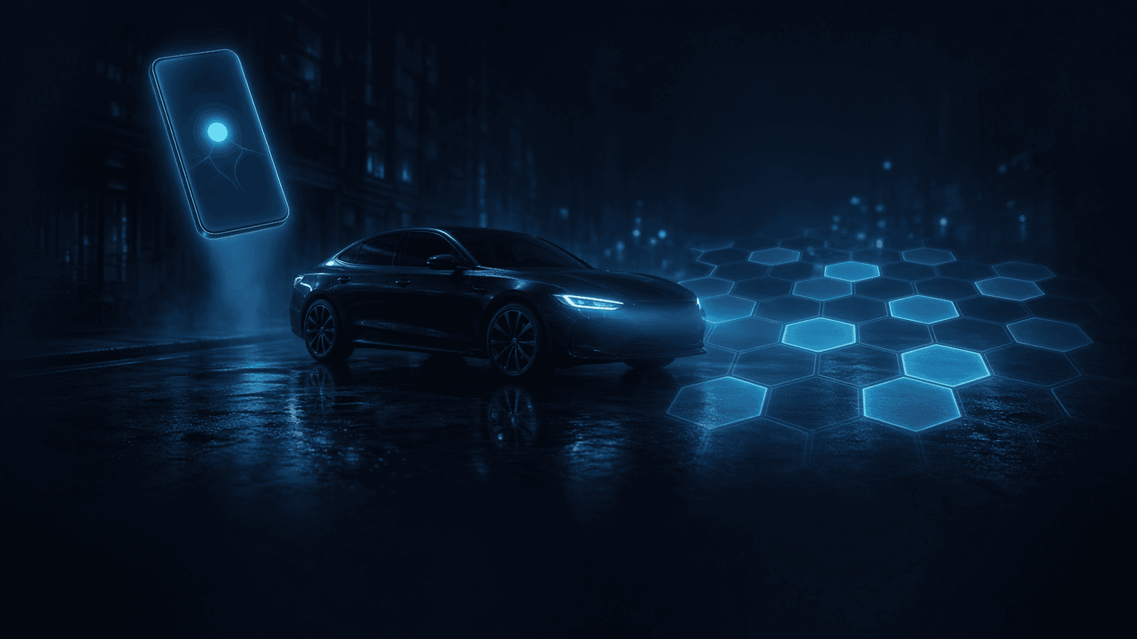 A dark sedan at a night curb beside a floating glowing phone, with a separate grid of hexagonal pricing zones on the street